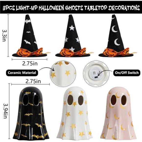 Set of 3 Ceramic Halloween Ghosts - Indoor‎ Decor with Witch Hats for Fall - Picture 4 of 7